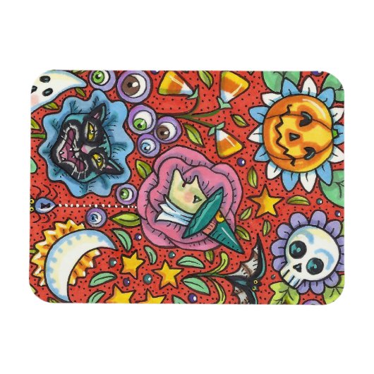 HEKS, KAT, GEEST, KLEURRIJKE HALLOWEEN FOLK GARDEN MAGNEET (Horizontaal)