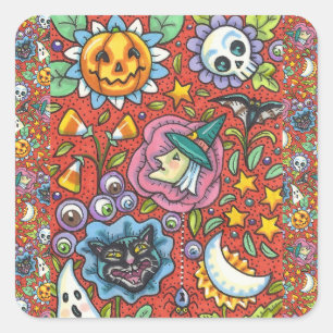 HEKS, KAT, GEEST, KLEURRIJKE HALLOWEEN FOLK GARDEN VIERKANTE STICKER