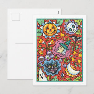 HEKS, KAT, GEEST, KLEURRIJKE HALLOWEEN VOLKSTUIN FEESTDAGENKAART