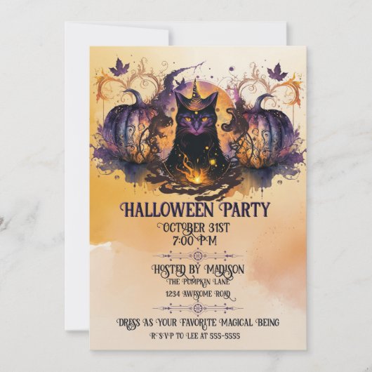 Heks Kat Herfst Pompoen Halloween Kaart (Voorkant)