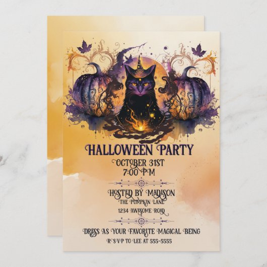 Heks Kat Herfst Pompoen Halloween Kaart (Voorkant / Achterkant)