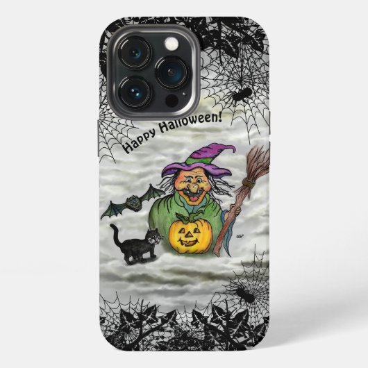 Heks, Kat, Vleermuis en Pompoen, Gelukkig Hallowee iPhone Hoesje (Achterkant)