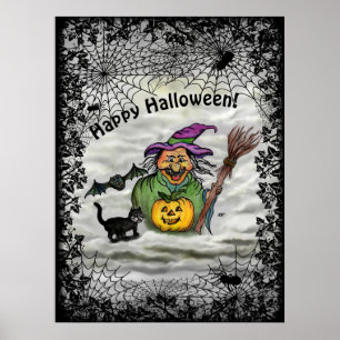 Heks, Kat, Vleermuis en Pompoen, Gelukkig Hallowee Poster