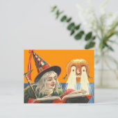 Heks leest Jack O Lantern Pompoen Briefkaart (Staand voorkant)
