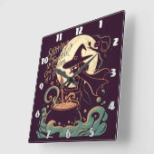 Heks maakt drankjes onder een gloeiende maan vierkante klok (Hoek)