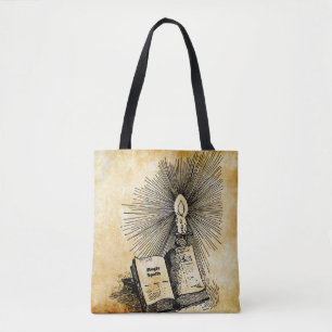 heks magische spreuken boek kaars hekserij kunst tote bag