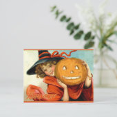 Heks Meisje Pompoen Halloween Vintage Ansichtkaart Briefkaart (Staand voorkant)