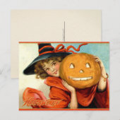 Heks Meisje Pompoen Halloween Vintage Ansichtkaart Briefkaart (Voorkant / Achterkant)