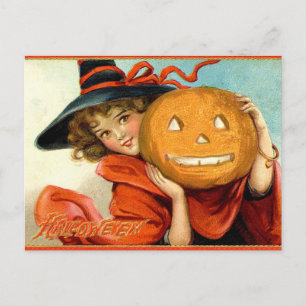 Heks Meisje Pompoen Halloween Vintage Ansichtkaart Briefkaart