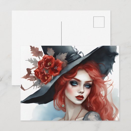 Heks  Meisje Rode Bloem Magisch Briefkaart (Voorkant / Achterkant)
