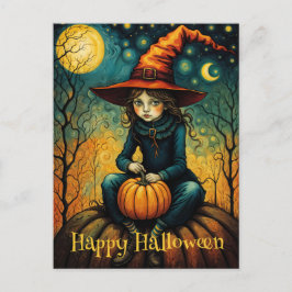 heks meisje zitten op een pompoen halloween briefkaart