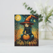 heks meisje zitten op een pompoen halloween briefkaart (Staand voorkant)