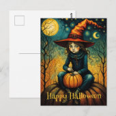 heks meisje zitten op een pompoen halloween briefkaart (Voorkant / Achterkant)