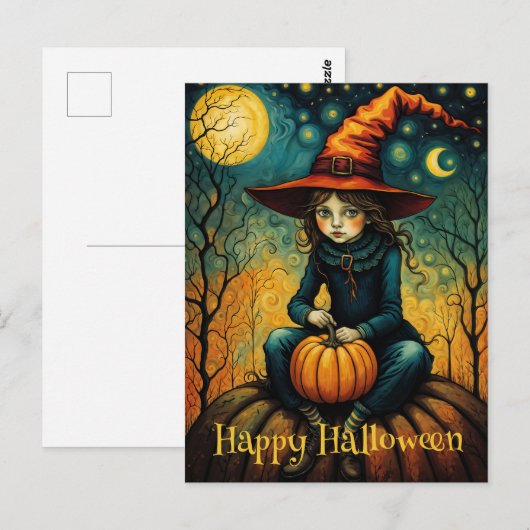 heks meisje zitten op een pompoen halloween briefkaart (Voorkant / Achterkant)