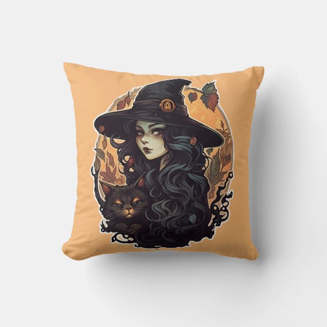 Heks met de zwarte kat halloween kussen (Voorkant)