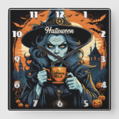Heks met een drankje op Halloween avond Vierkante Klok (Voorkant)