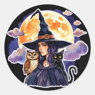 Heks met een Kat en een Uil - Halloween Fan Fun 2 Ronde Sticker