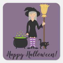 Heks Met Een Kat & Prettig Halloween Tekst Vierkante Sticker