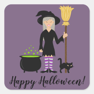 Heks Met Een Kat & Prettig Halloween Tekst Vierkante Sticker