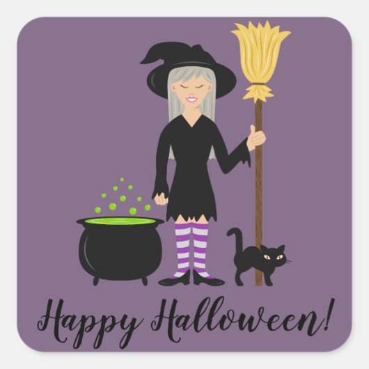 Heks Met Een Kat & Prettig Halloween Tekst Vierkante Sticker (Voorkant)