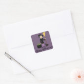 Heks Met Een Kat & Prettig Halloween Tekst Vierkante Sticker (Envelop)