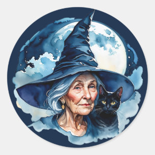 Heks met een Kat - Wicca Halloween 1 Ronde Sticker