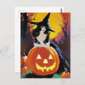 Heks met een pompoen voor een volle maan briefkaart (Voorkant / Achterkant)