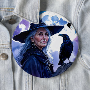 Heks met een raaf - Halloween Fan Fun 1 Ronde Button 6,0 Cm