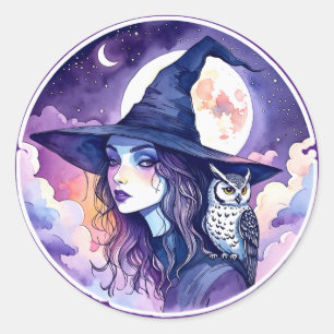 Heks met een Uil - Halloween Fan Fun 2 Ronde Sticker