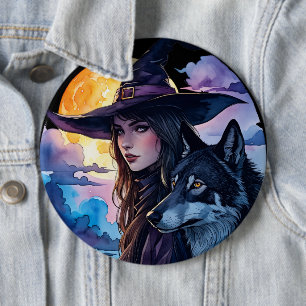 Heks met een Wolf - Halloween Fan Fun 1 Ronde Button 6,0 Cm