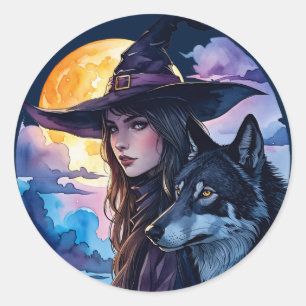 Heks met een Wolf - Halloween Fan Fun 1 Ronde Sticker