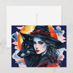Heks met een wolf - Halloween Fan Fun 2 Briefkaart