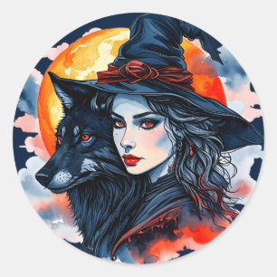 Heks met een Wolf - Halloween Fan Fun 2 Ronde Sticker