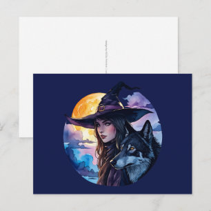 Heks met een wolf - Halloween Spelletjes Plezier 1 Briefkaart