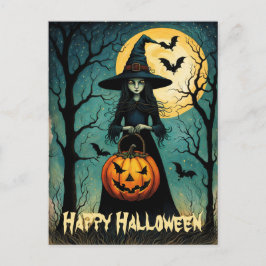 Heks met griezelige pompoenlantaarn Halloween Briefkaart