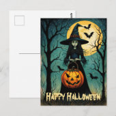 Heks met griezelige pompoenlantaarn Halloween Briefkaart (Voorkant / Achterkant)