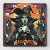 Heks met groene huid nippen thee op Halloween Vierkante Klok (Voorkant)