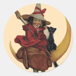 Heks met haar kat op de maan - Halloween Sticker
