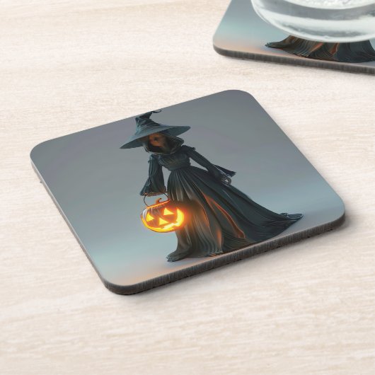 Heks met jack-o-lantern bier onderzetter (Linkerzijde)