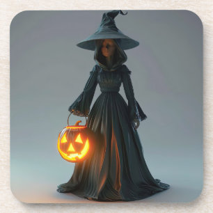 Heks met jack-o-lantern bier onderzetter