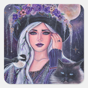 Heks met kattenlabels door Renee Lavoie Vierkante Sticker