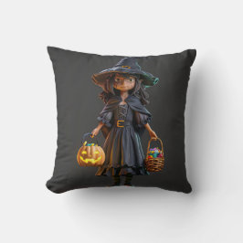 Heks met kleurrijke snoepjes en jack-o'-lanter kussen