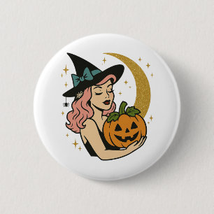 Heks met Pompoen Halloween Vintage Ronde Button 5,7 Cm