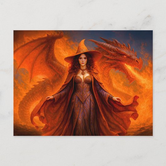 Heks met rode draak en vlammend vuur feestdagenkaart (Voorkant)