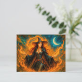 Heks met vlammen en halve maan feestdagenkaart (Staand voorkant)