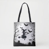 Heks met vleermuizen grappig halloween thema tote bag (Voorkant)