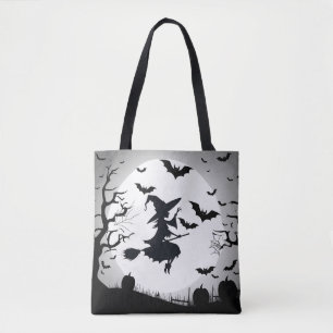 Heks met vleermuizen grappig halloween thema tote bag