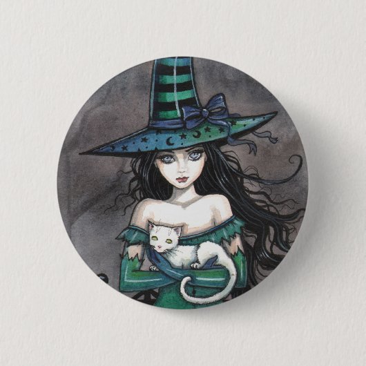 Heks met witte kat Pinback knop Ronde Button 5,7 Cm (Voorkant)