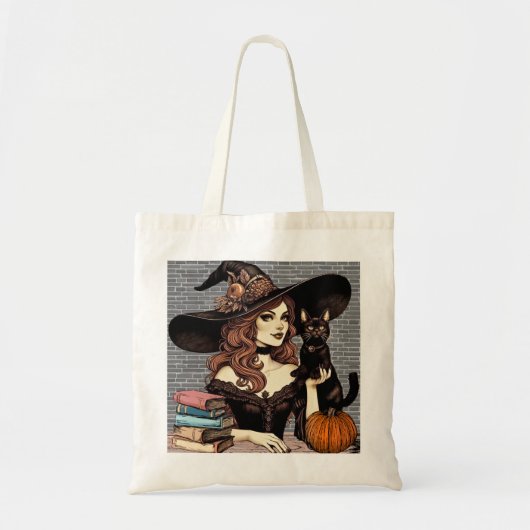 Heks met zwarte kat en boeken tote bag (Voorkant)
