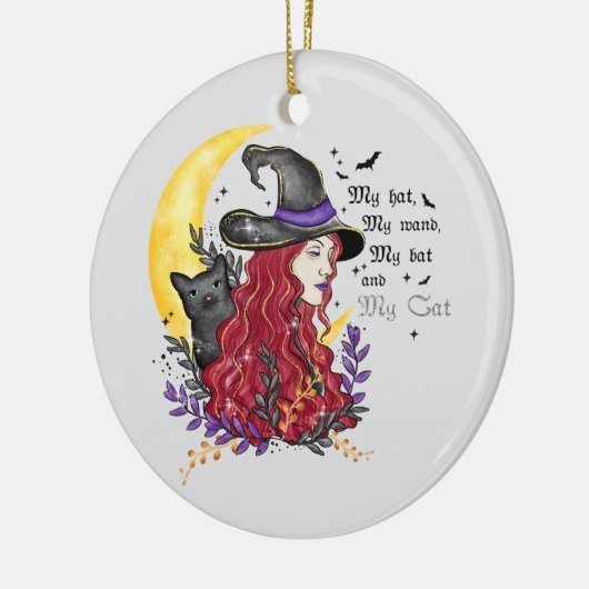 Heks met zwarte kat en halve maan keramisch ornament (Links)